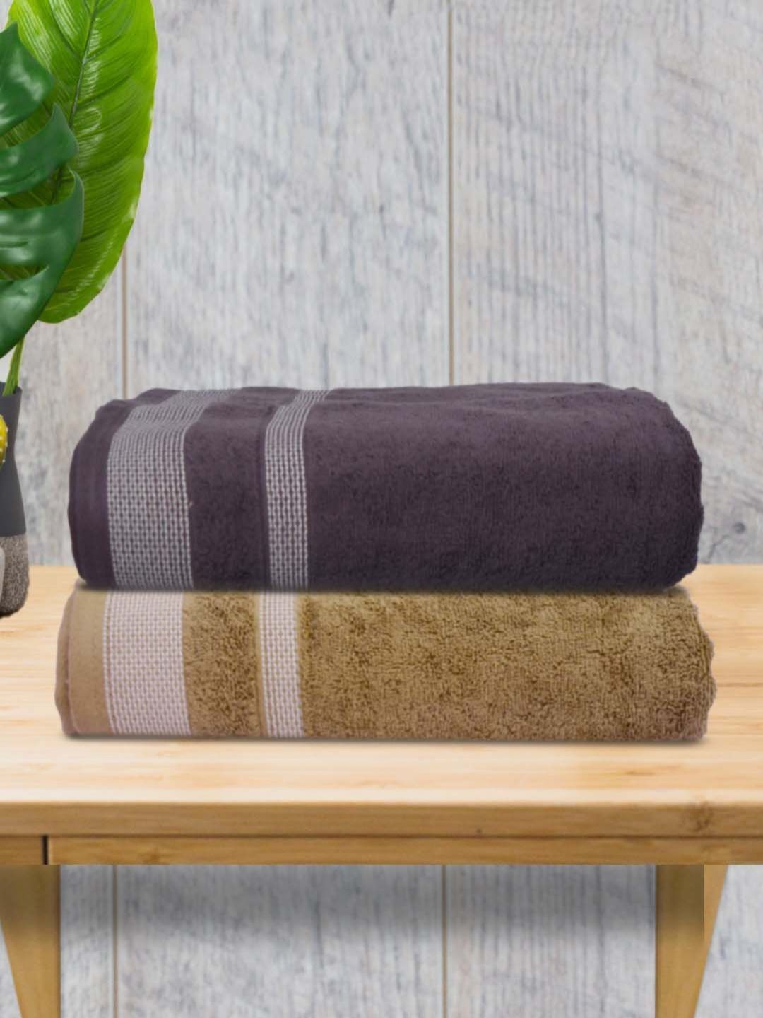 Myntra Elegant Homes Green & Olive Green 2 Pieces Striped 500 GSM Cotton Towel Set-image-40