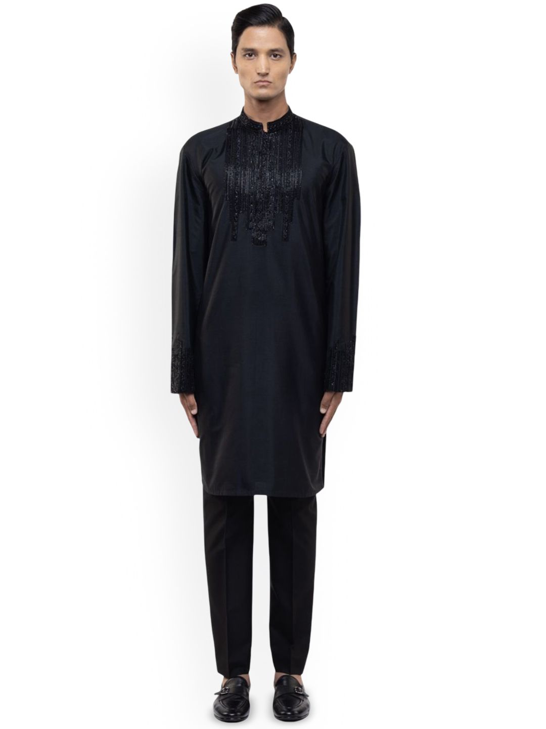 SDS By Kushal Shah Geometric Yoke Design Mandarin Collar Sequinned Silk Kurta & Trousers-picture-29