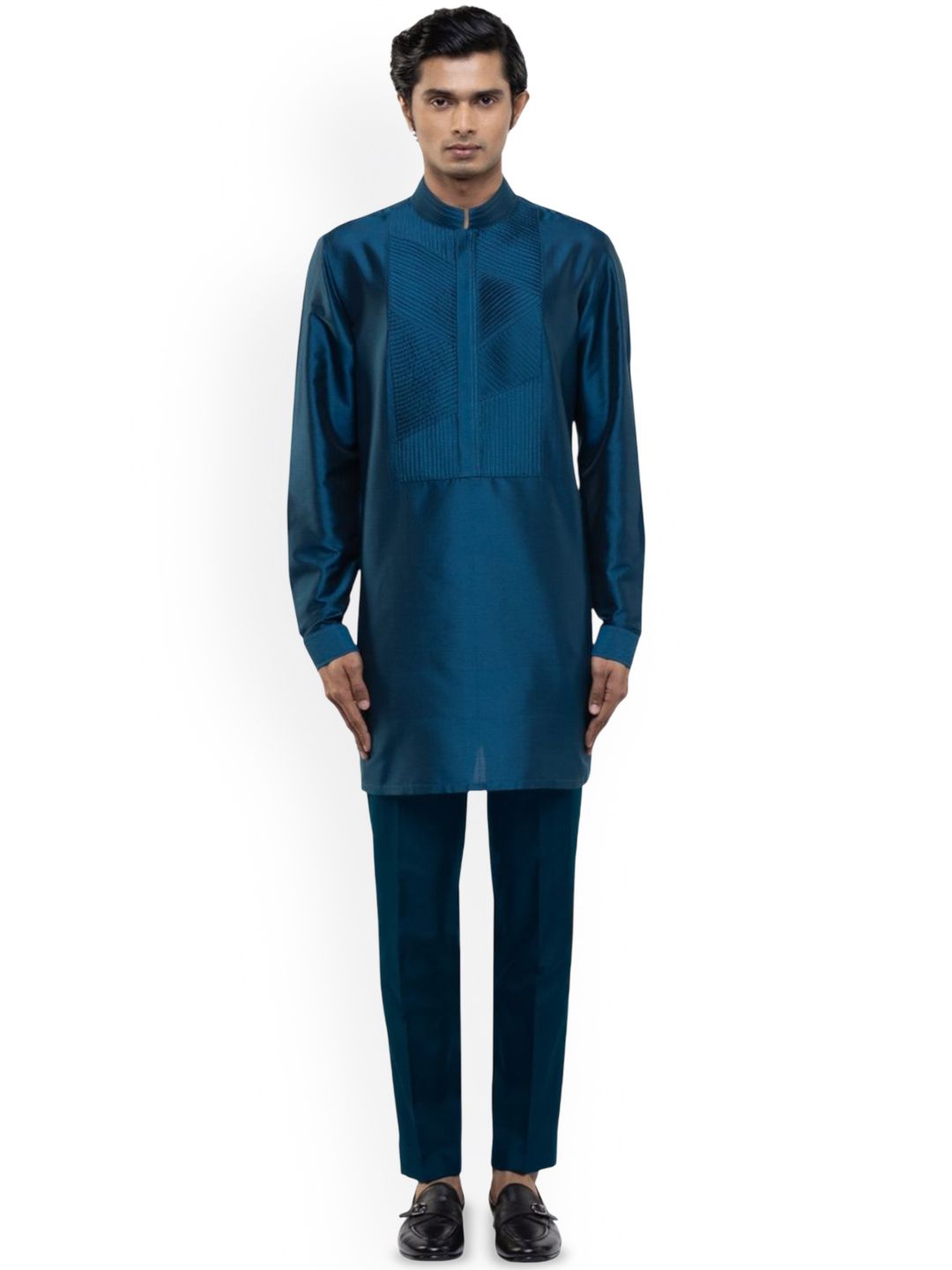 SDS By Kushal Shah Mandarin Collar Pleated Silk Straight Kurta With Trousers-picture-35