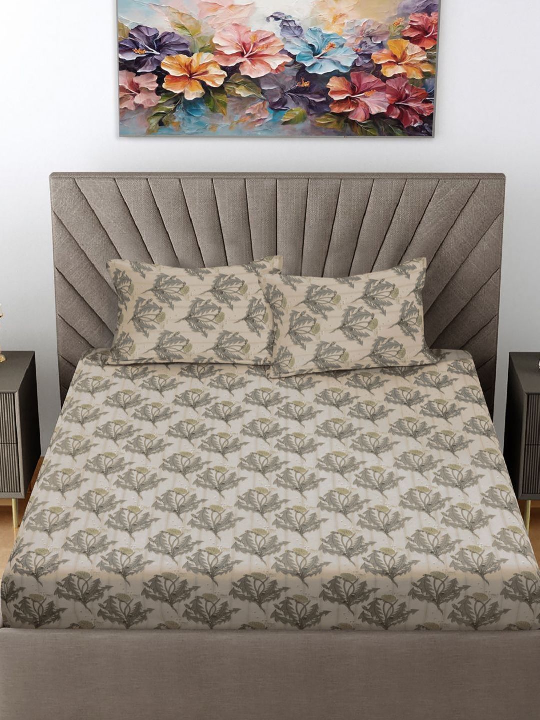 Myntra Elegant Homes Beige Floral 300 TC King Bedsheet with 2 Pillow Covers-picture-17