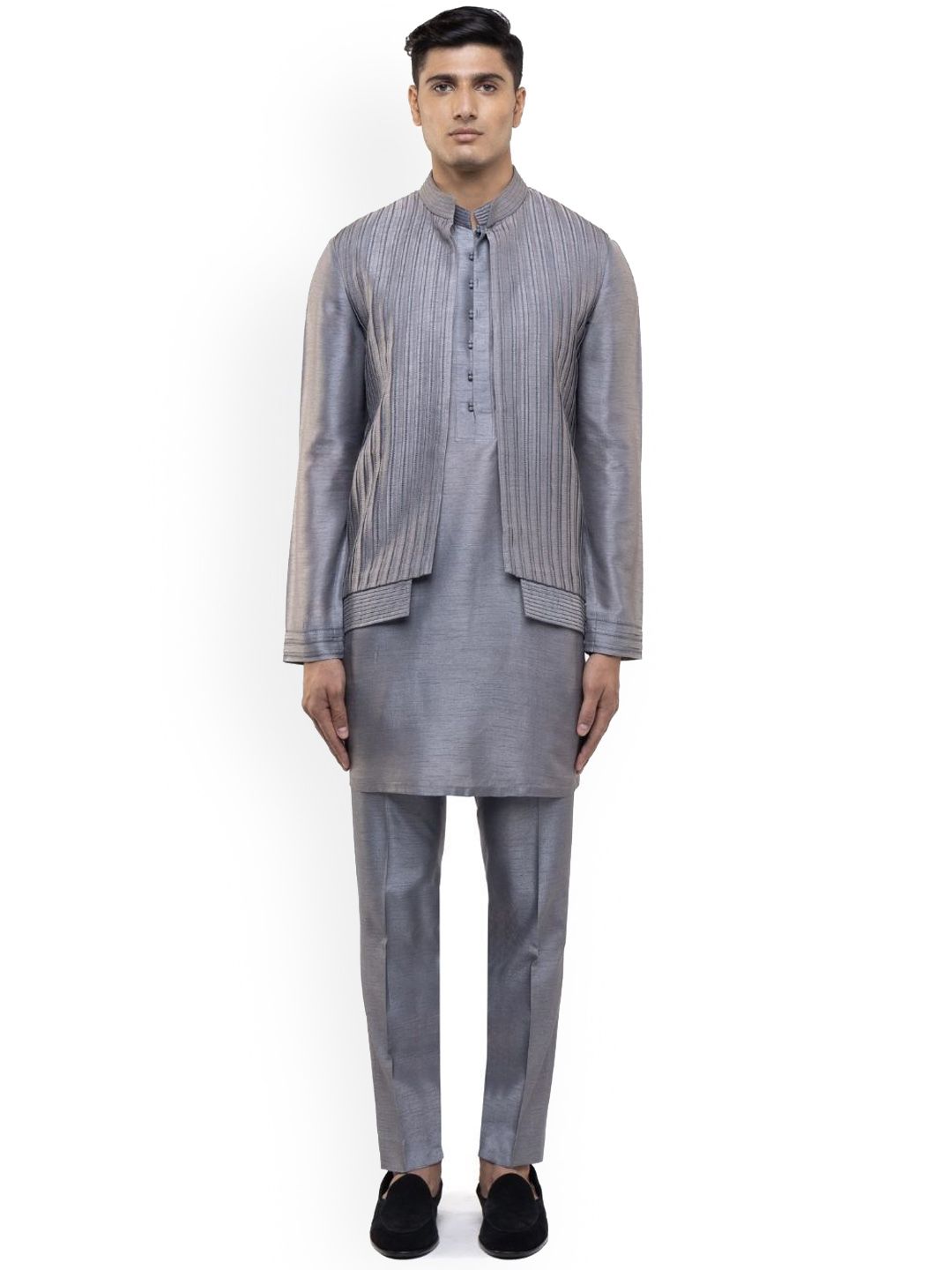 SDS By Kushal Shah Mandarin Collar Silk Straight Kurta With Trousers & Nehru Jacket-picture-58