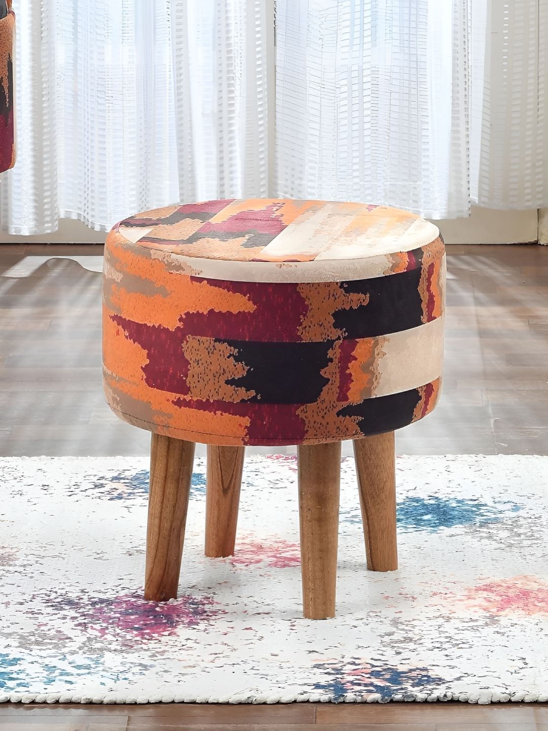 Homeaccex Beige & Red Zig-Zag Printed Wooden Round Ottoman-picture-22