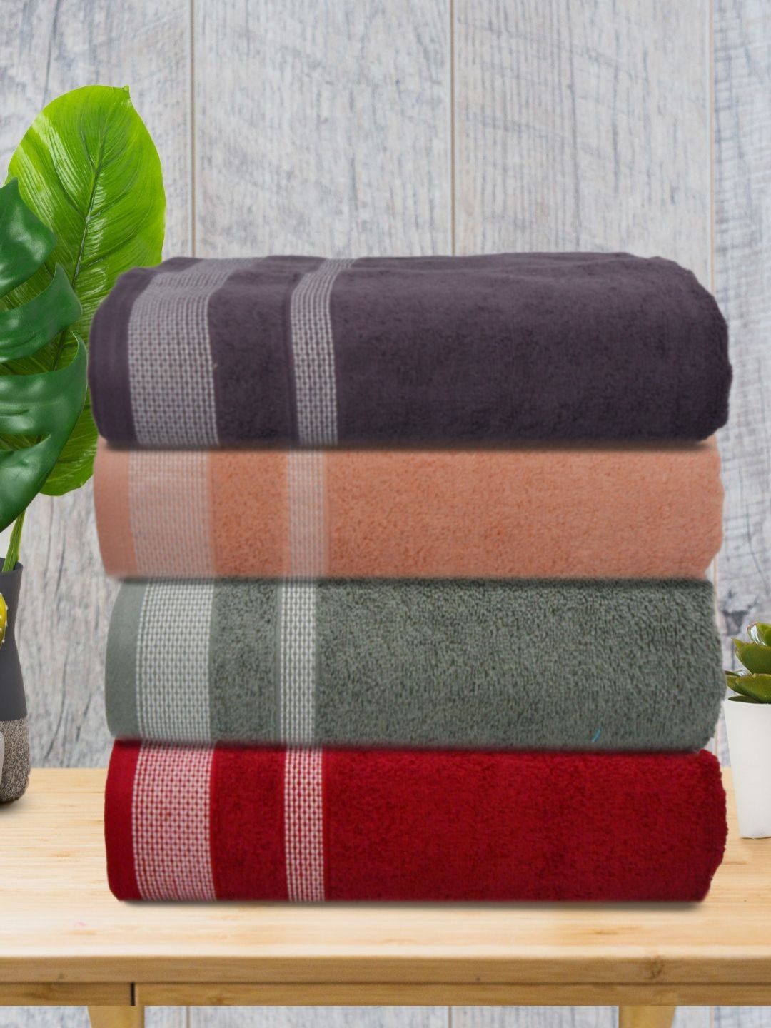 Myntra Elegant Homes Green & Maroon 4 Piece Cotton 400 GSM Towel Set-picture-29