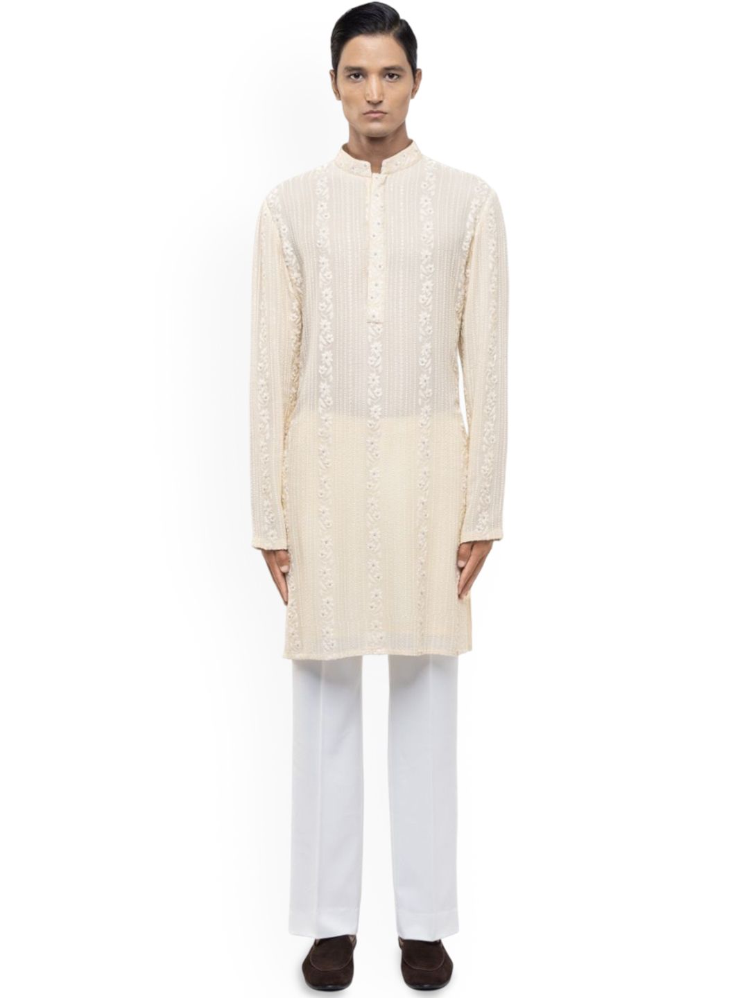 SDS By Kushal Shah Lucknowi Embroidered Mandarin Collar Georgette Kurta With Trousers-picture-45
