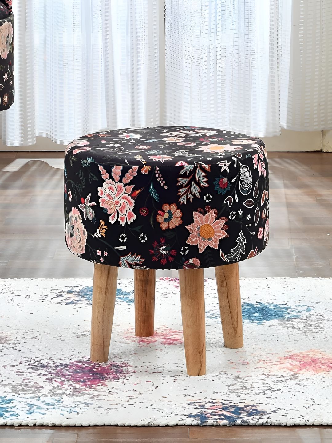Homeaccex Black & Pink Floral Printed Wooden Round Ottoman-image-22