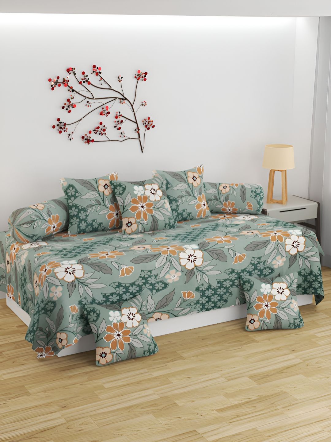 BELVOSTUM 8Pcs Green & Brown Floral Printed Cotton Diwan Set-image-48