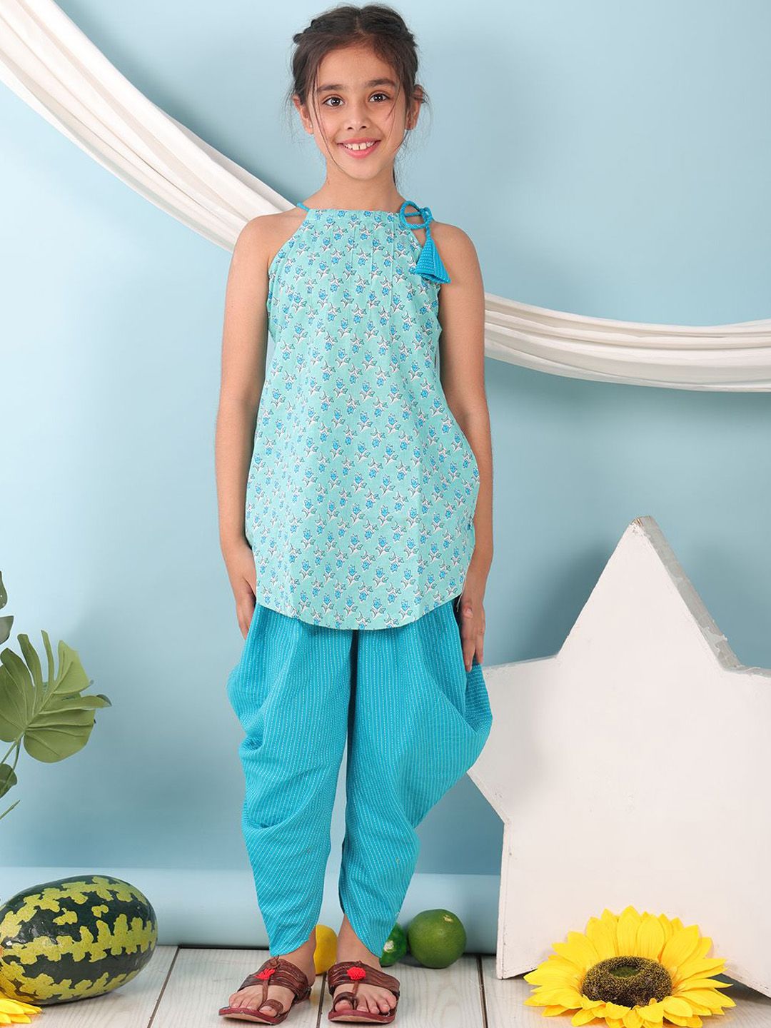 Sangria Girls Floral Printed Pure Cotton Straight Kurti & Dhoti Pants-picture-20