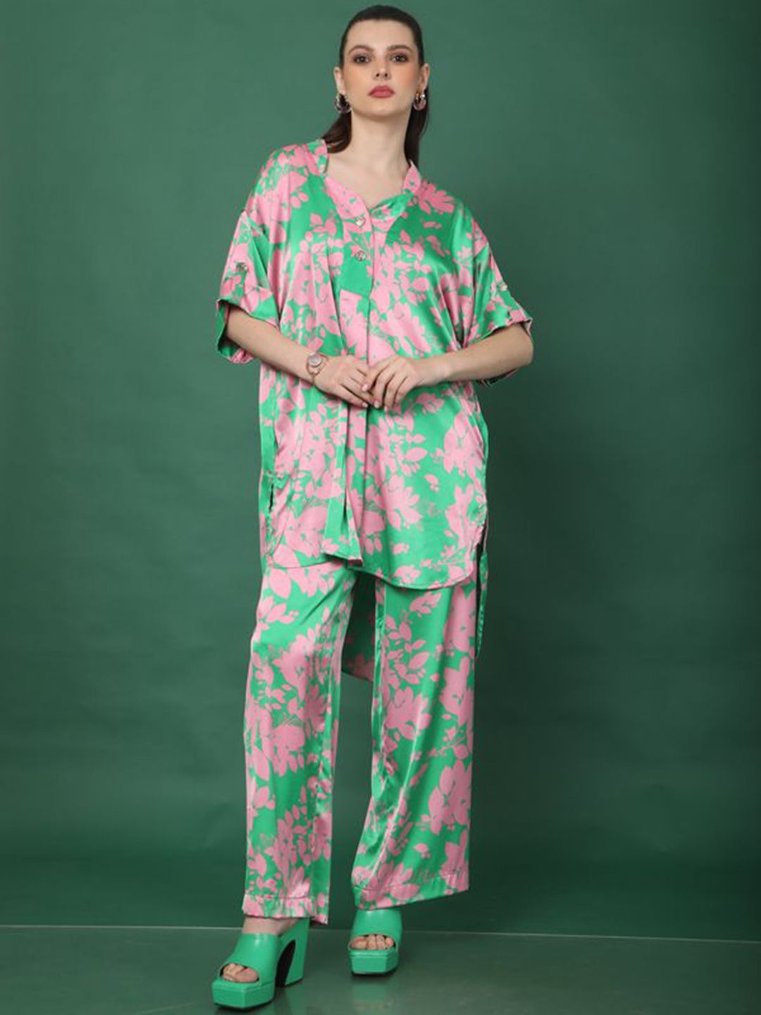 Tamiska By Narendra Kumar Printed Mandarin Collar Top With Trousers Co-Ords-picture-24