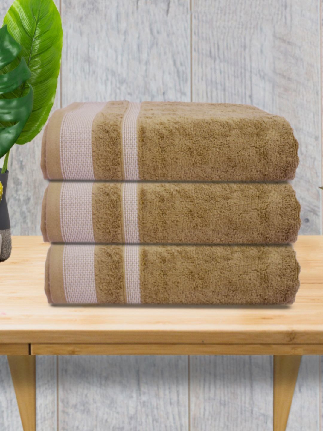 Myntra Elegant Homes Beige & Off White 3 Pieces Striped 500 GSM Cotton Towel Set-picture-12