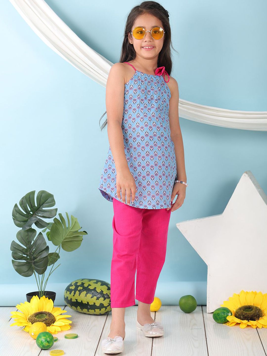 Sangria Girls Floral Printed Pure Cotton Straight Kurti & Trousers Sets-picture-19