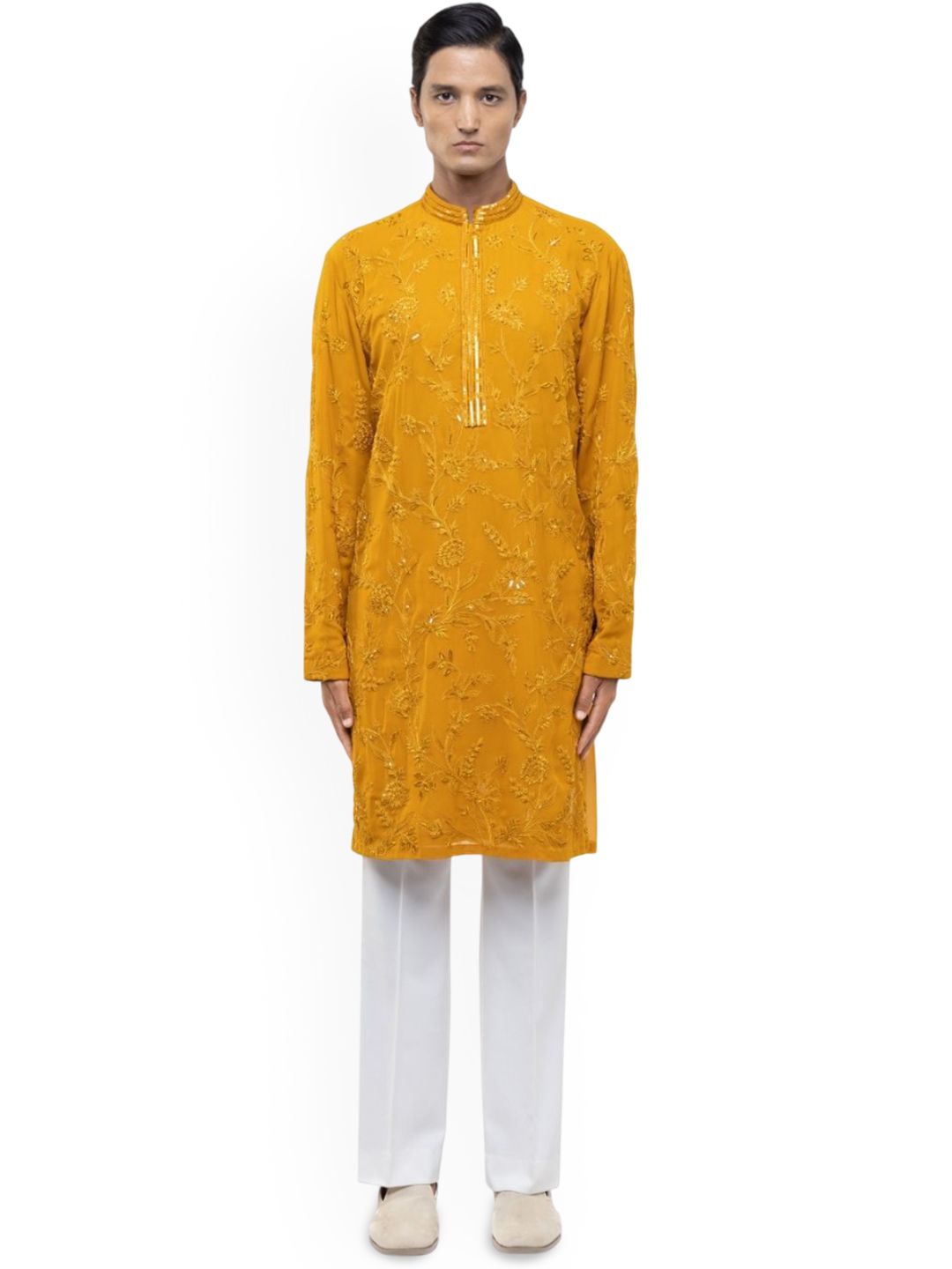 SDS By Kushal Shah Floral Embroidered Mandarin Collar Georgette Straight Kurta & Trousers-picture-27