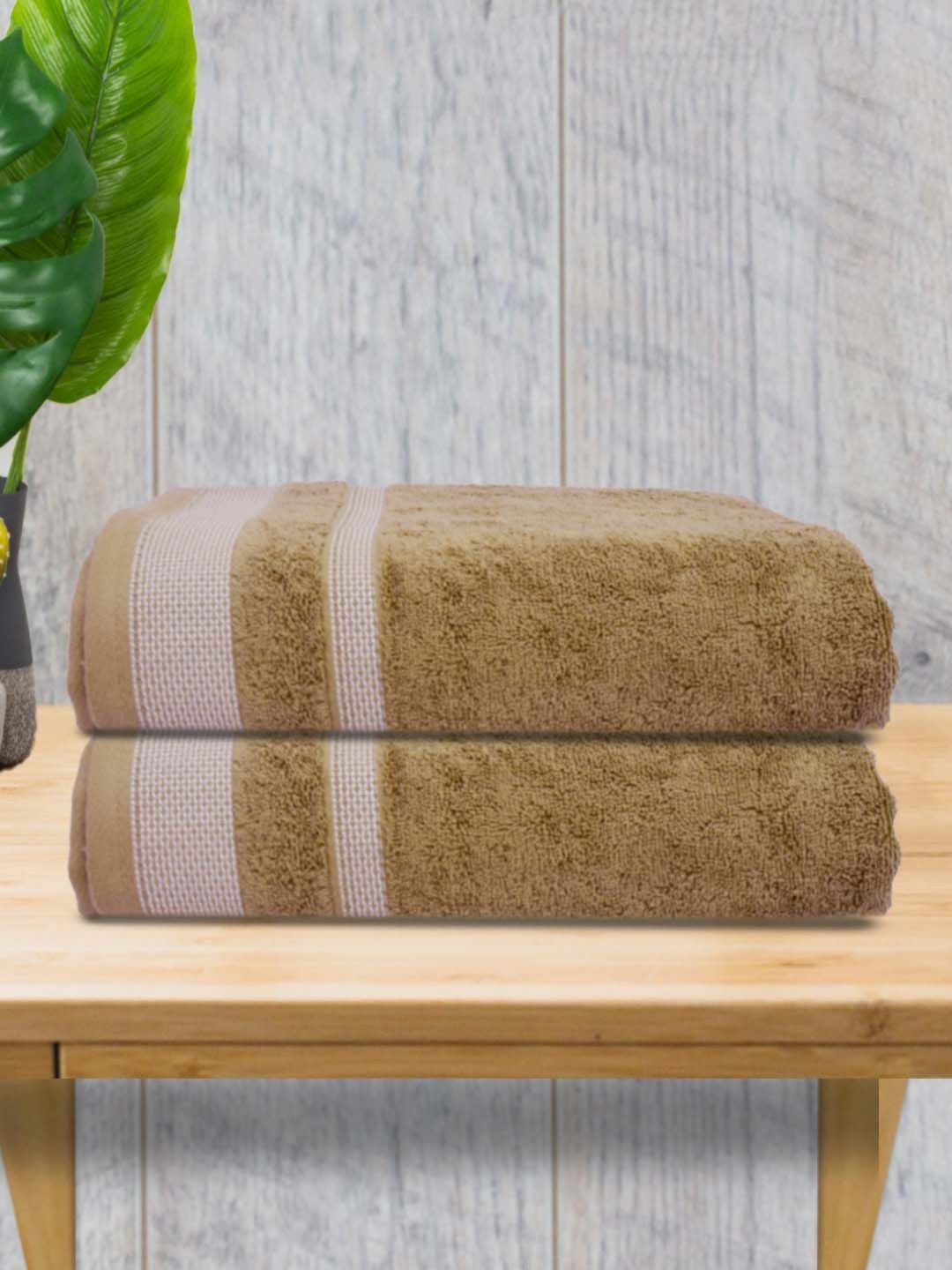 Myntra Elegant Homes Beige & White 2 Pieces Striped 500 GSM Cotton Towel Set-image-5
