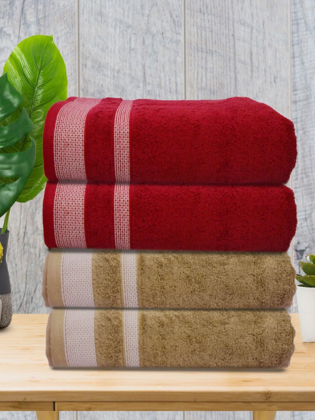 Myntra Elegant Homes Maroon & Blue 4 Piece Cotton 400 GSM Towel Set-picture-10