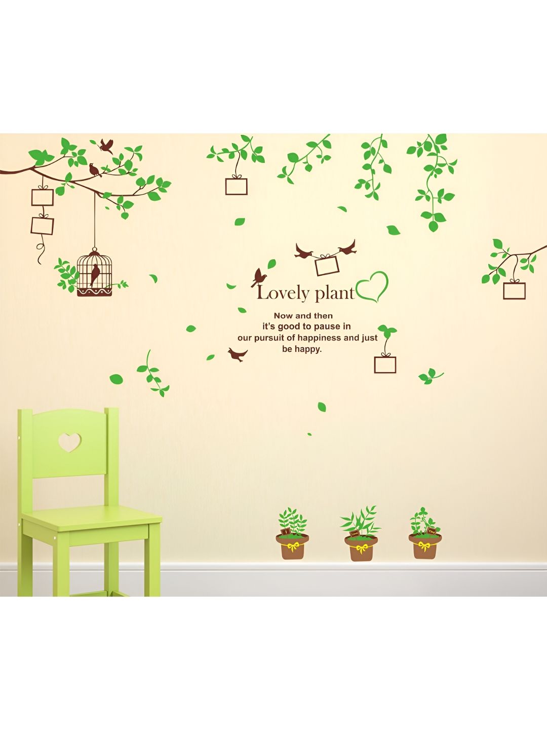 LANSTICK Green & Brown Tree With Birds & CageSelf Adhesive Wall Sticker-picture-21