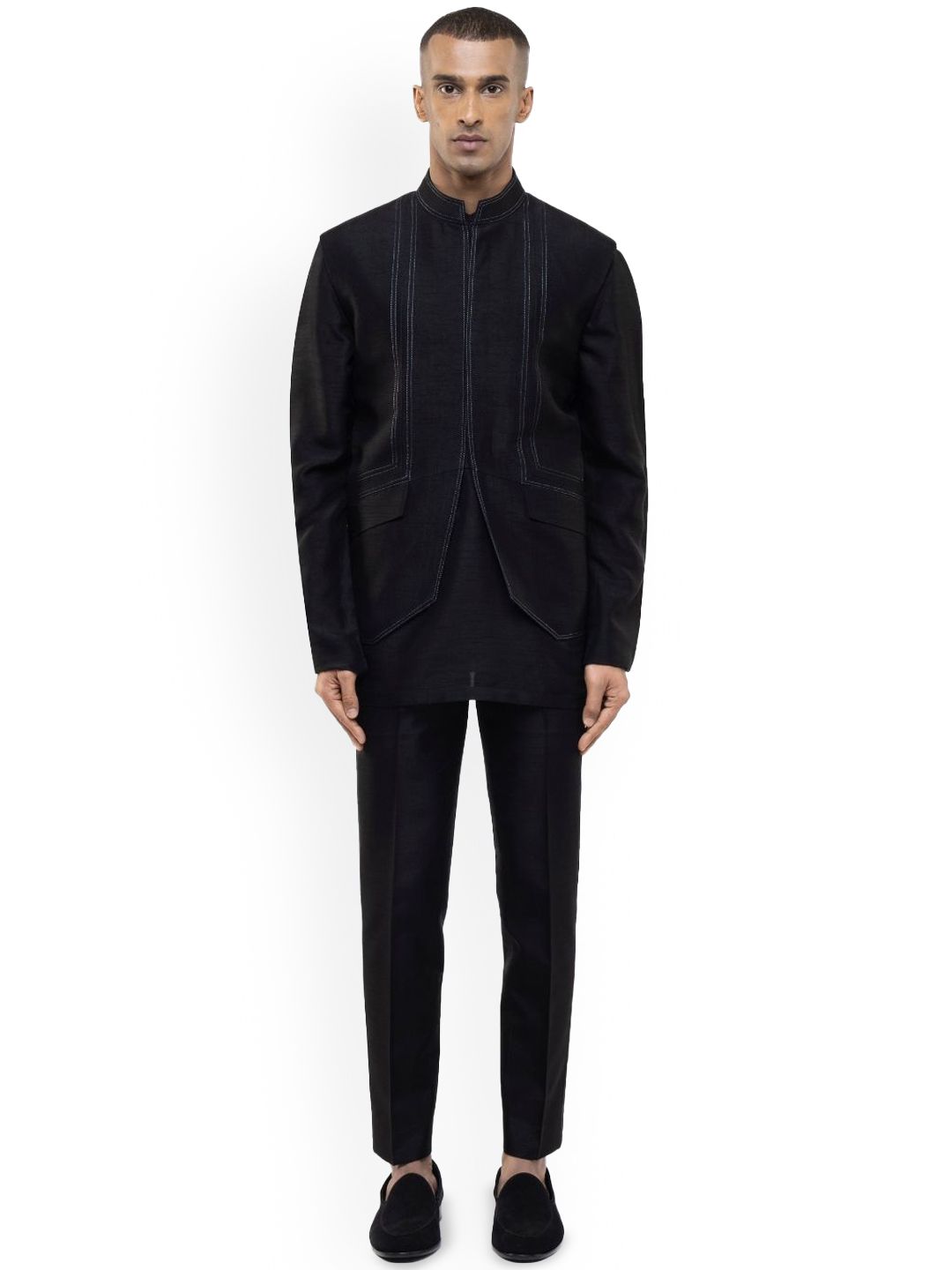 SDS By Kushal Shah Mandarin Collar Silk Straight Kurta With Trousers & Nehru jacket-picture-11