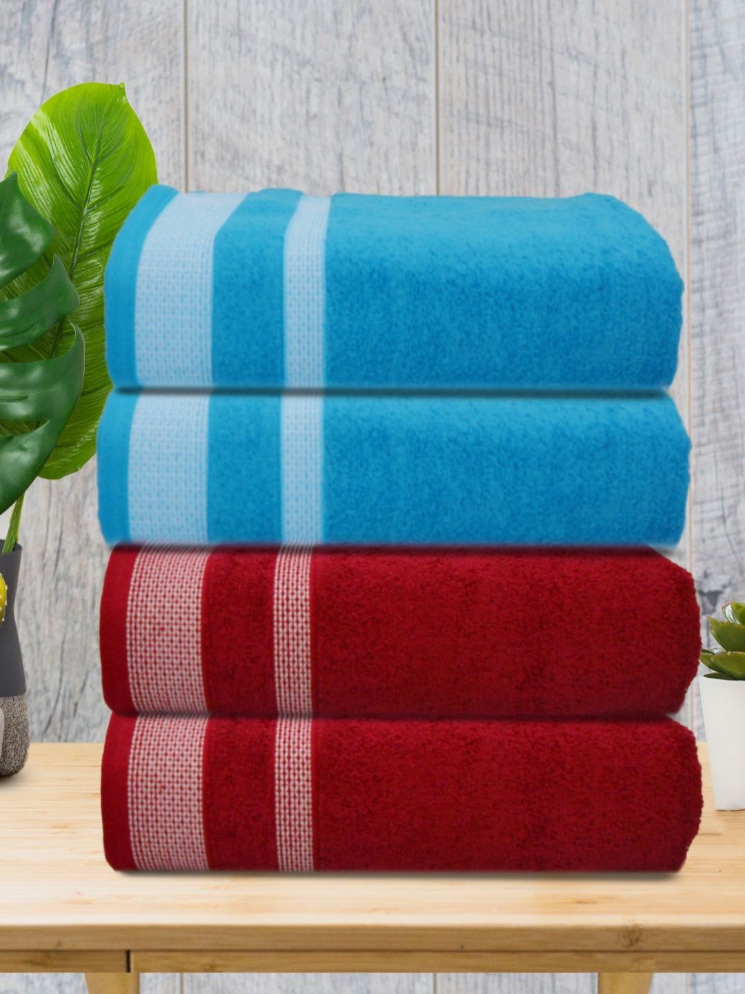 Myntra Elegant Homes Red & Blue 4 Piece Printed Cotton 400 GSM Towel Set-picture-34