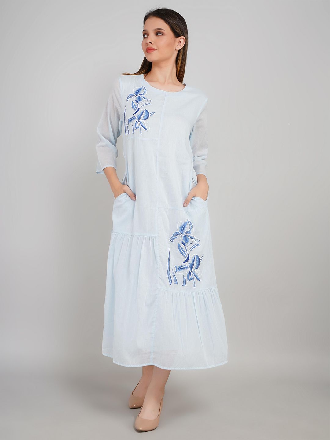 Dora Dori Women Embellished Embroidered Cotton A-Line Midi Dress