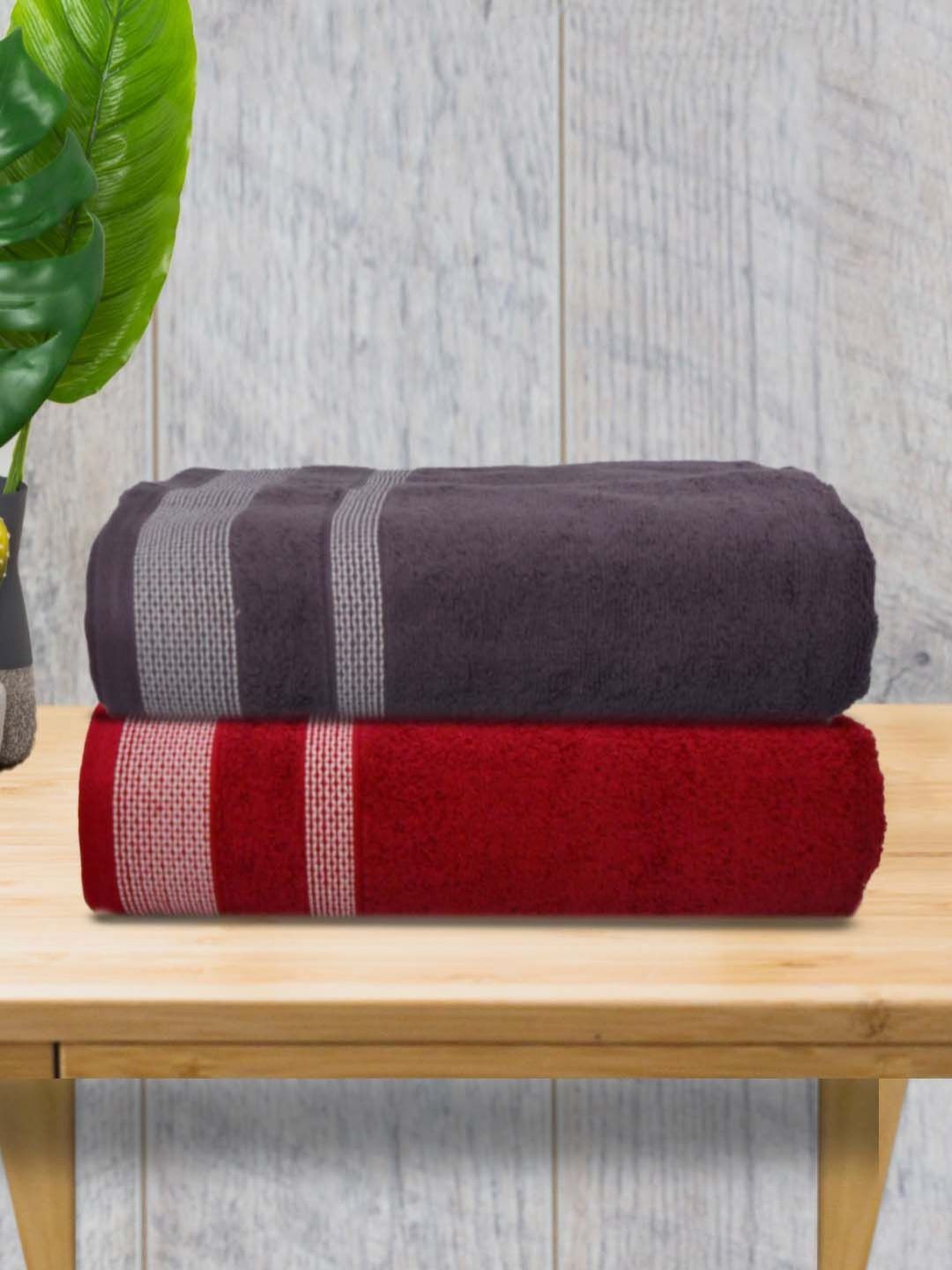 Myntra Elegant Homes Maroon & Purple 2 Pieces Striped 500 GSM Cotton Towel Set-image-45