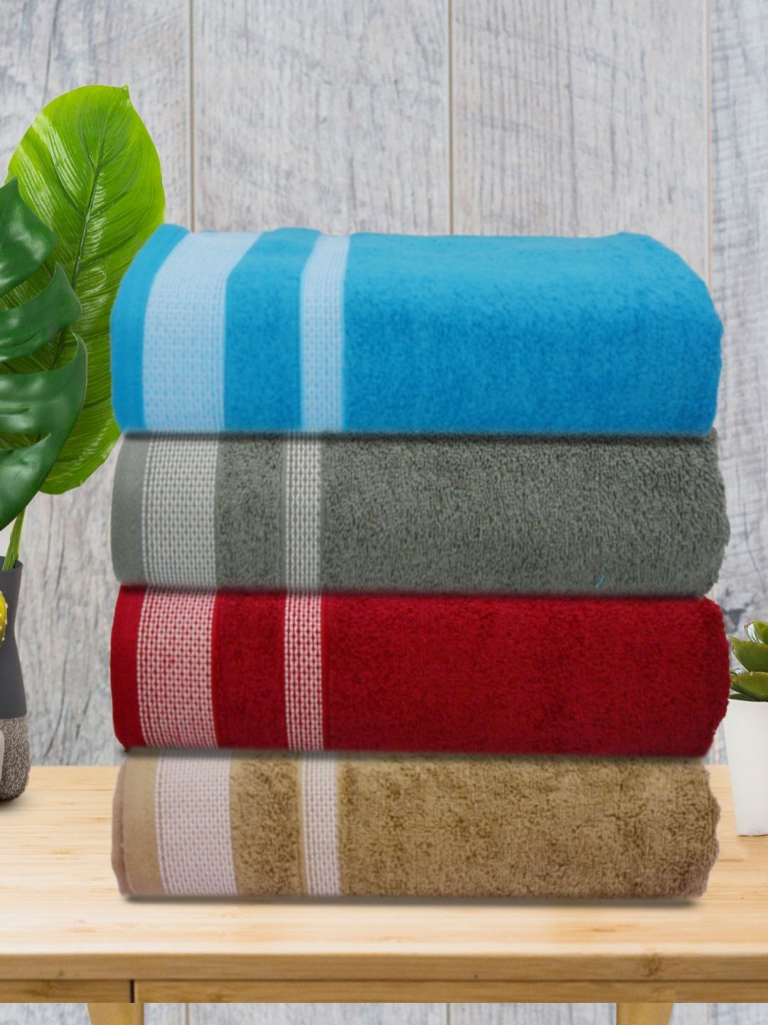 Myntra Elegant Homes Maroon & Blue 4 Piece Cotton 400 GSM Towel Set-image-42