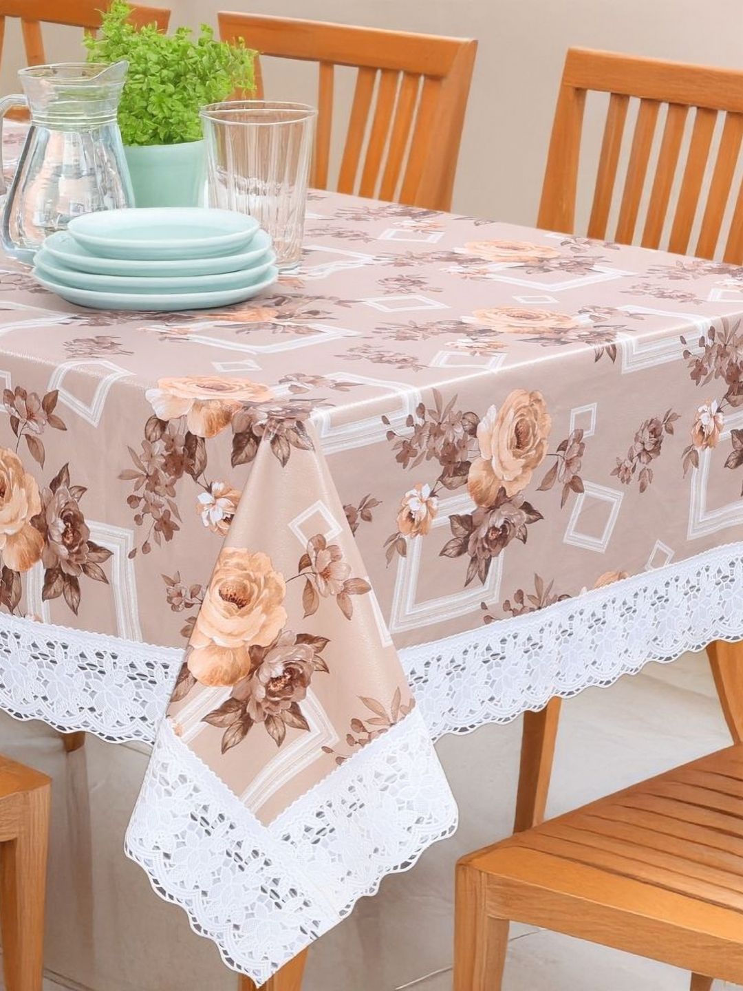 Stylista Beige & White Floral Printed 8-Seater Table Cover With Stylish Lace Border-picture-35