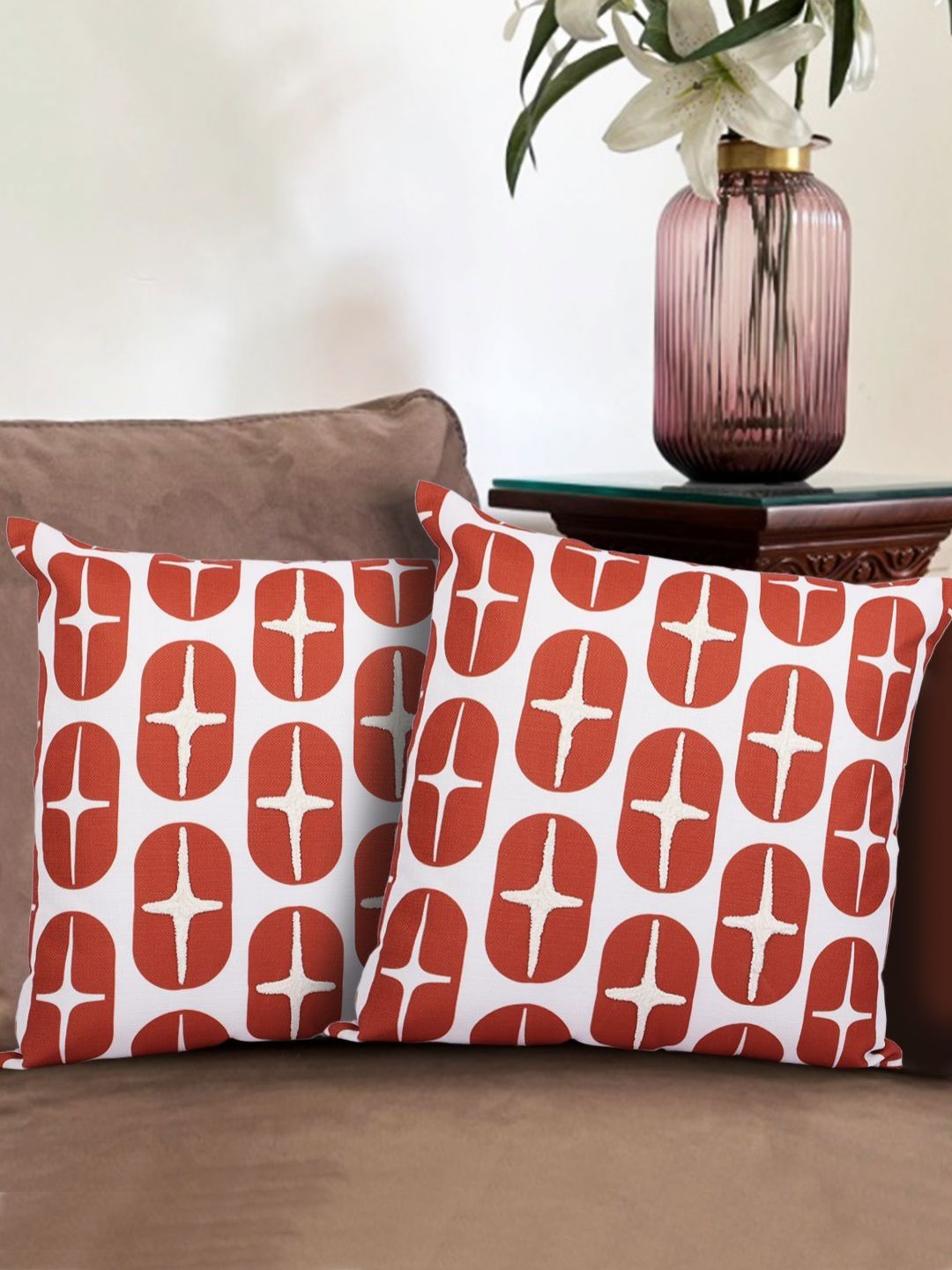 Myntra Elegant Homes White & Brown 2 Pieces Geometric Square Cushion Covers-image-47