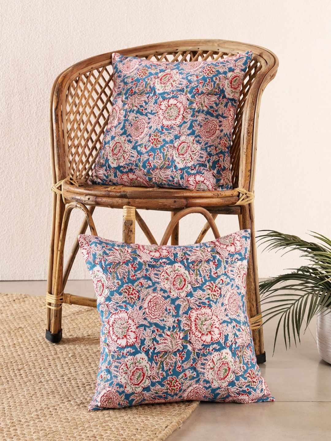 HANDICRAFT PALACE Blue 2 Pieces Floral Printed Square Cushion Covers-picture-36