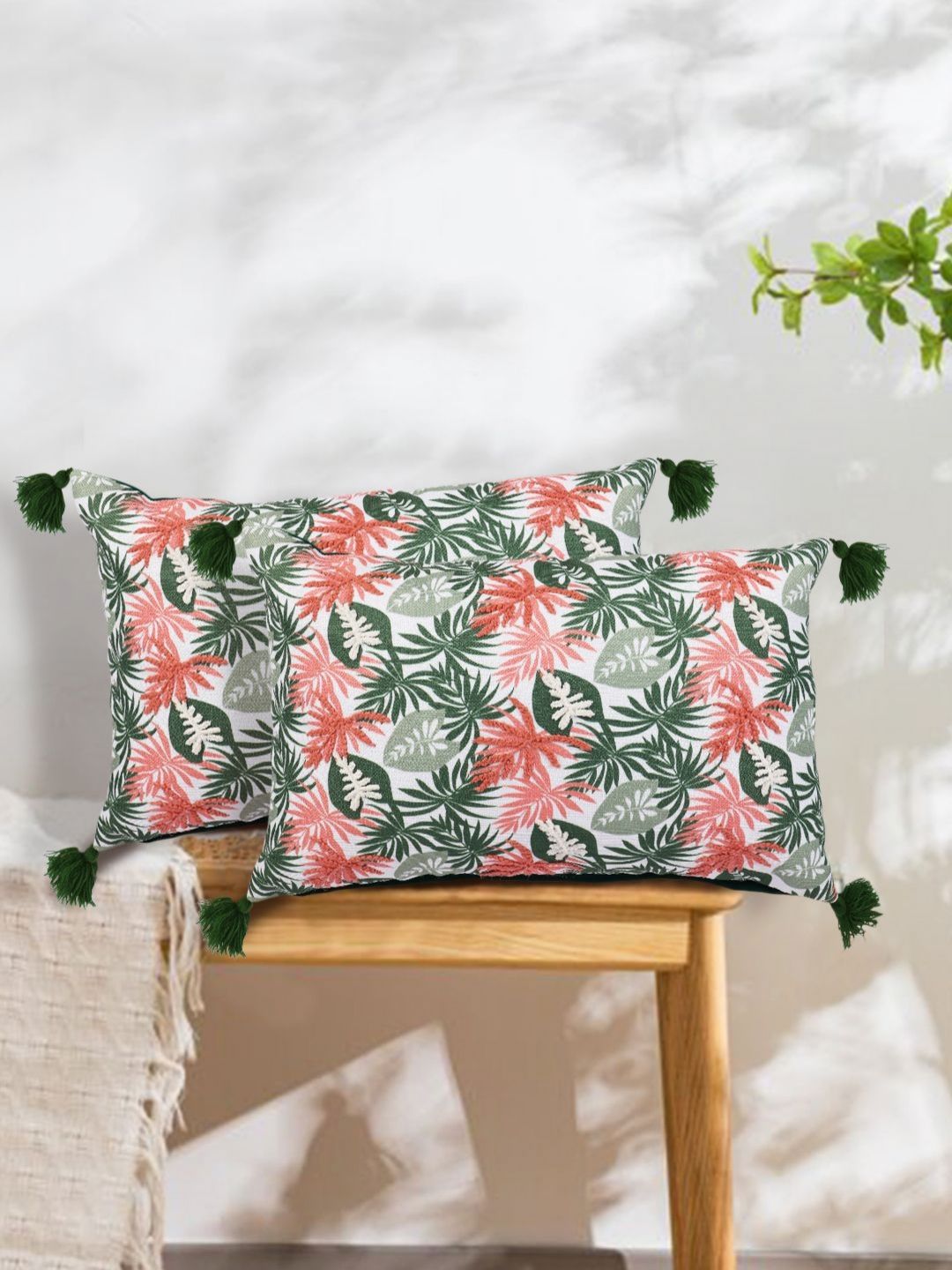 Myntra Elegant Homes Green & Pink 2 Pieces Floral Rectangle Cushion Covers-picture-15