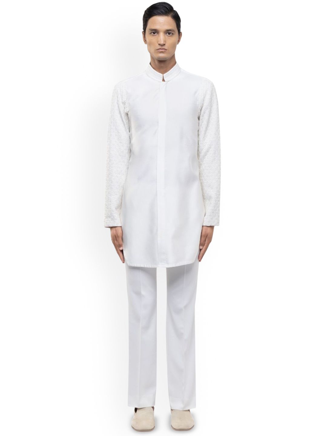 SDS By Kushal Shah Self Design Mandarin Collar Silk Straight Kurta & Trousers-picture-37