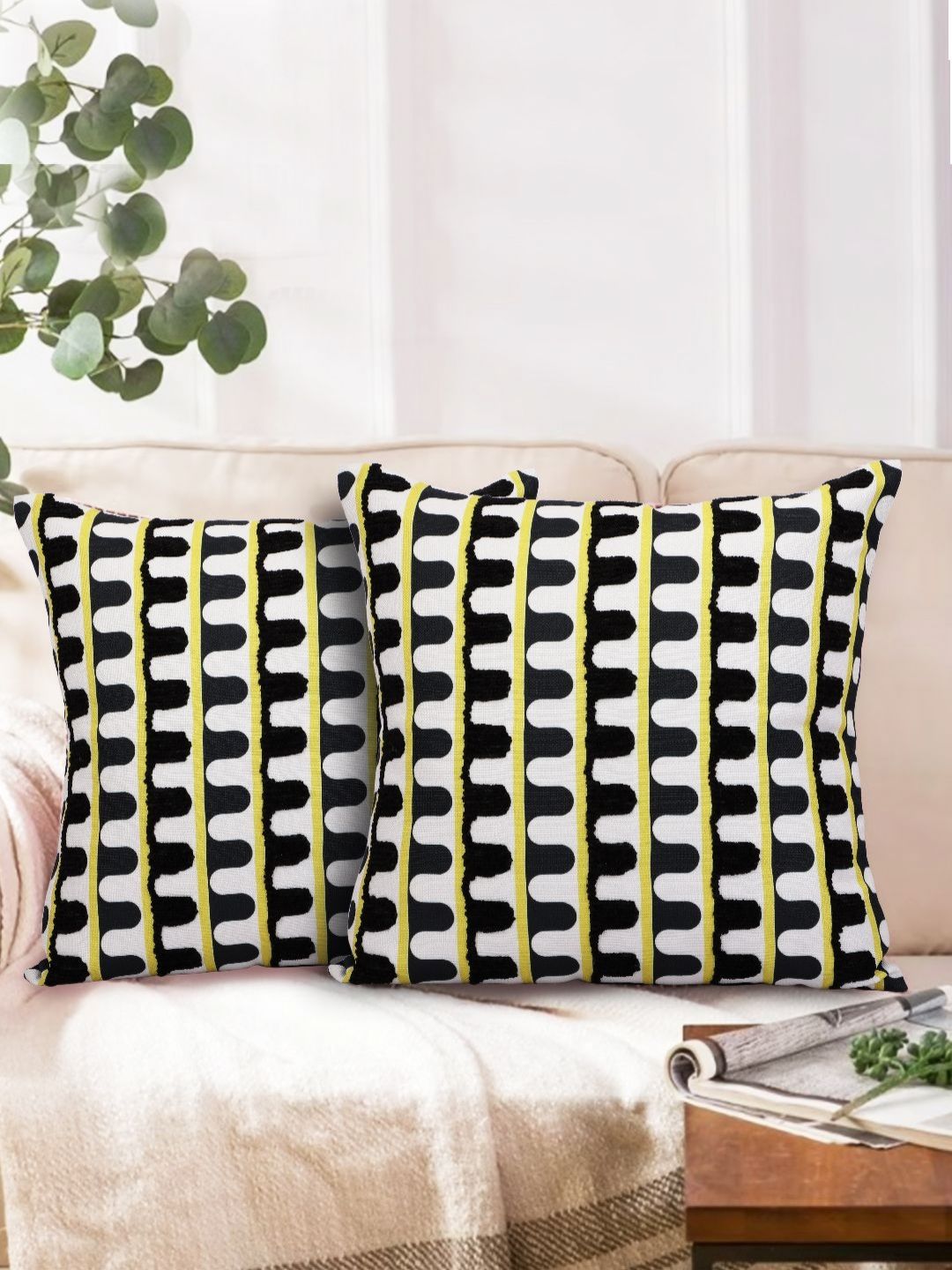 Myntra Elegant Homes Black & White Set of 2 Geometric Square Cushion Covers-picture-23