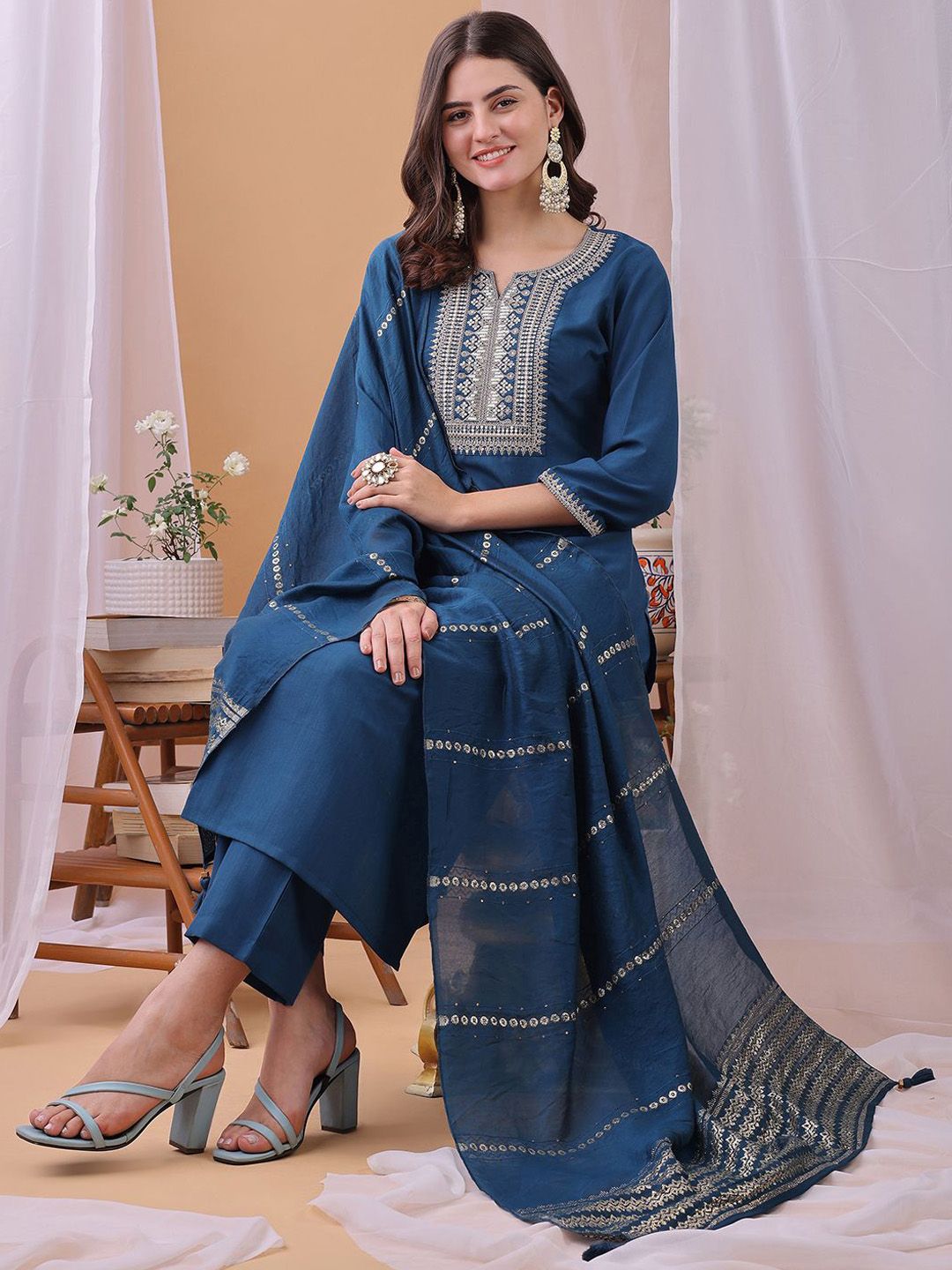 KALINI Women Woven Design Embroidered Kurta with Trousers & Dupatta-picture-27
