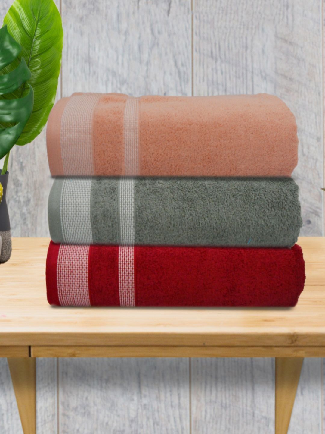 Myntra Elegant Homes Green & Red 3 Piece Striped Cotton 400 GSM Towel Set-picture-38