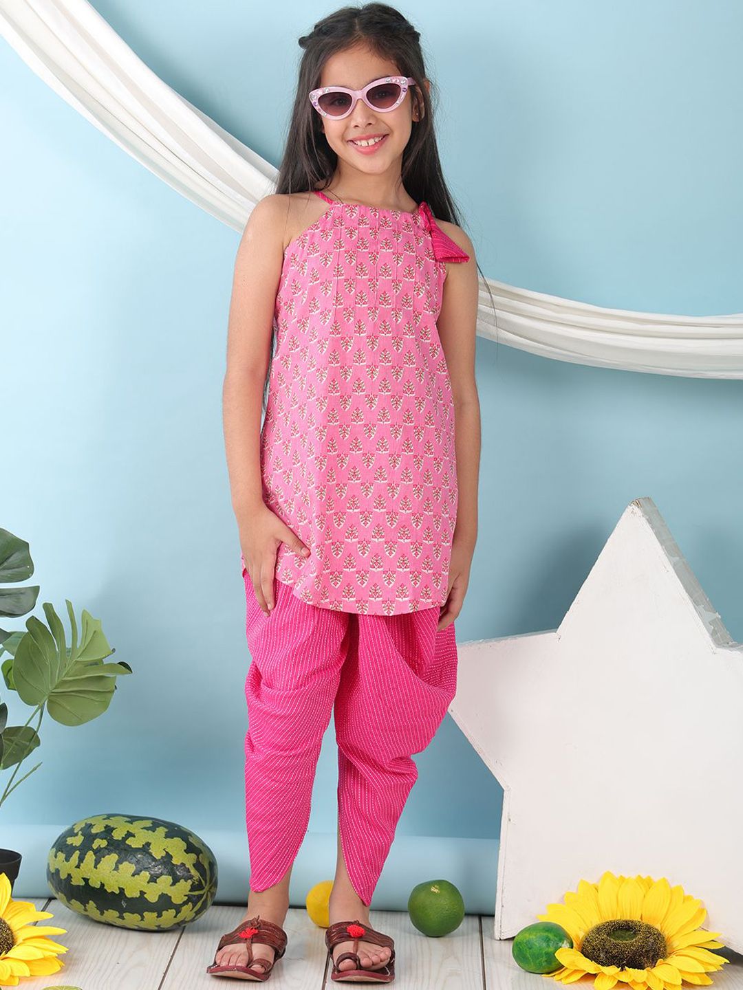 Sangria Girls Floral Printed Pure Cotton Straight Kurti & Dhoti Pant Sets-picture-17