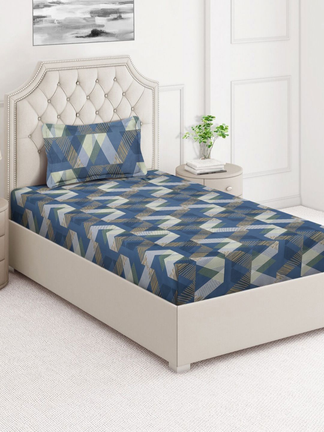 Aura Blue Geometric Printed 350 TC Single Bedsheet Set 2.15 m x 1.50 m-image-35