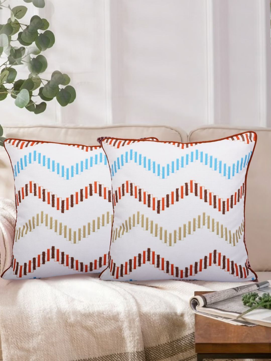 Myntra Elegant Homes White & Brown 2 Pieces Geometric Square Cushion Covers-image-48