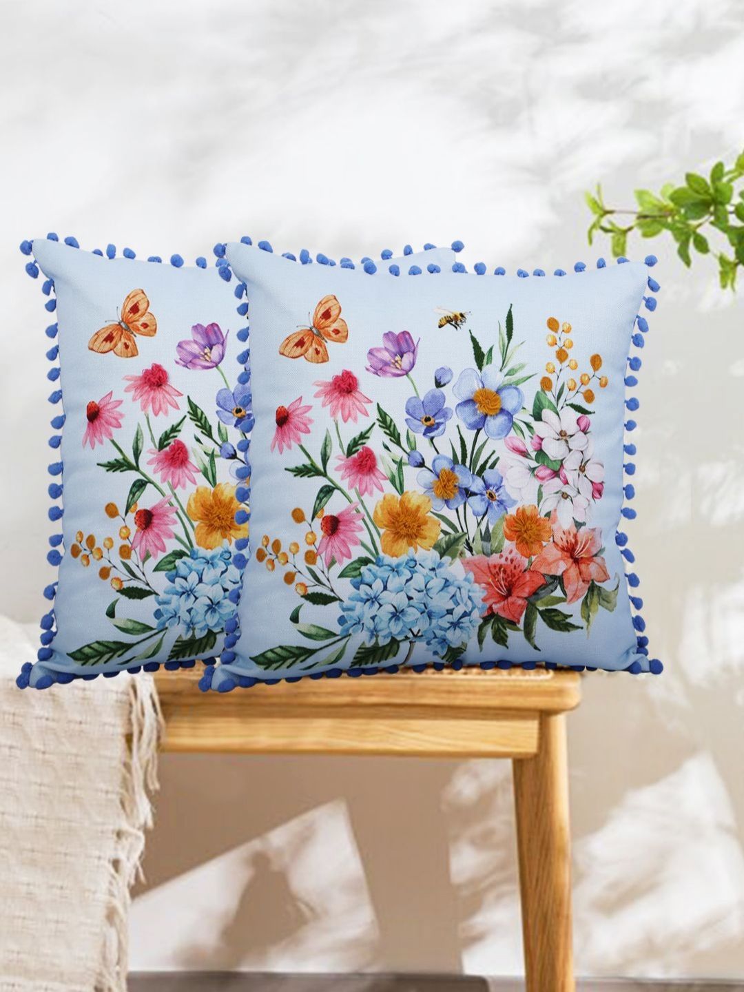 Myntra Elegant Homes Blue & Pink Set of 2 Floral Square Cushion Covers-picture-58