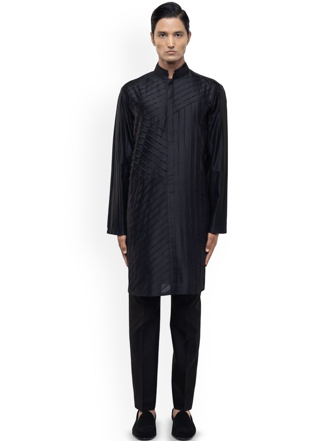SDS By Kushal Shah Striped Pleated Mandarin Collar Straight Kurta With Trousers-picture-31