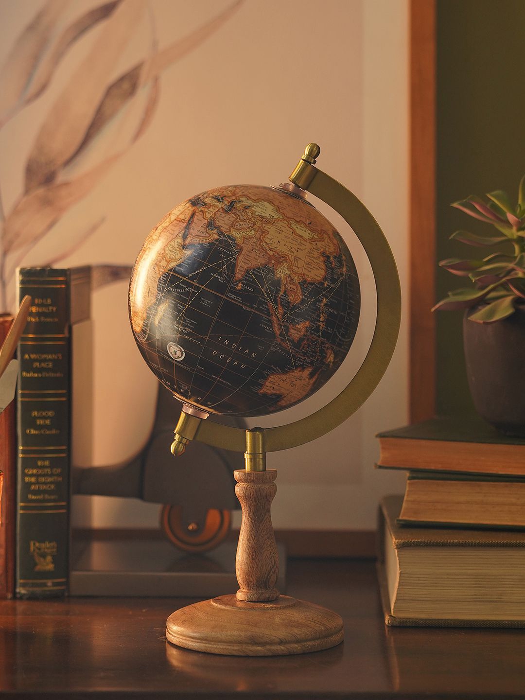 Pure Home and Living Black Decorative Globe With Stand Wooden Medium Showpiece