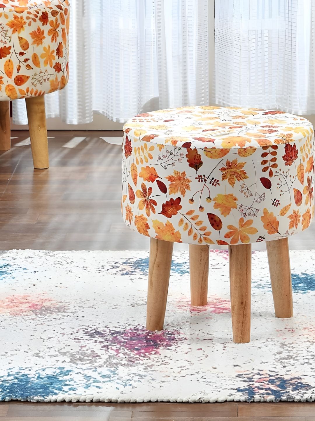 Homeaccex White & Yellow Printed Wooden Round Ottoman-picture-12