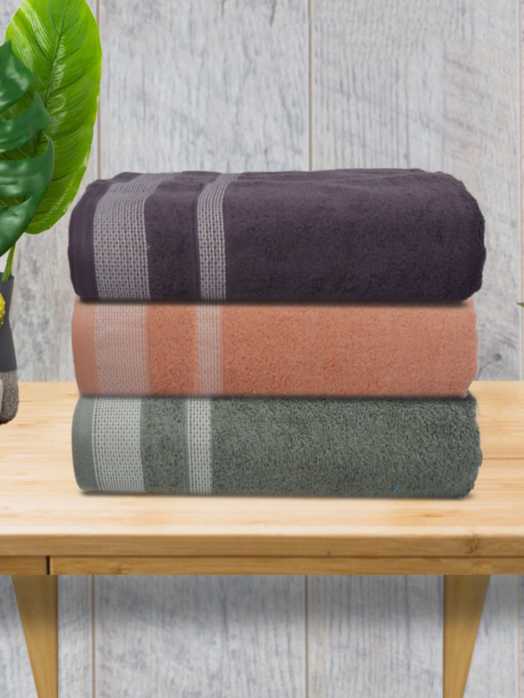 Myntra Elegant Homes Black & Pink 3 Pieces Striped 500 GSM Cotton Towel Set-picture-54