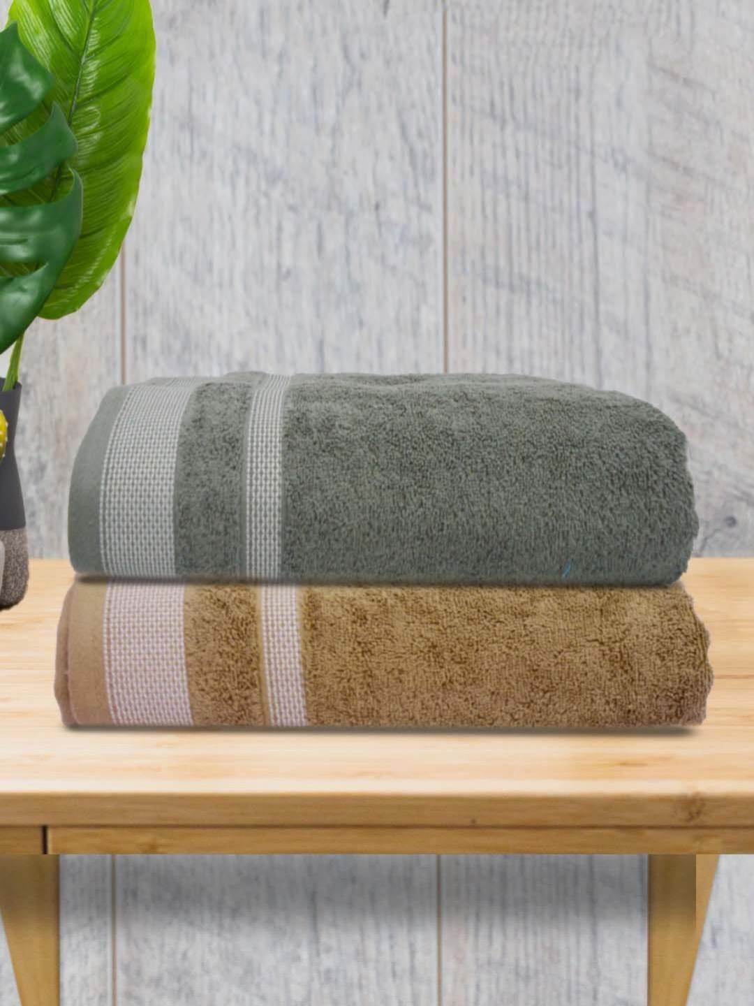 Myntra Elegant Homes Beige & Green 2 Piece Cotton 400 GSM Towel Set-image-17