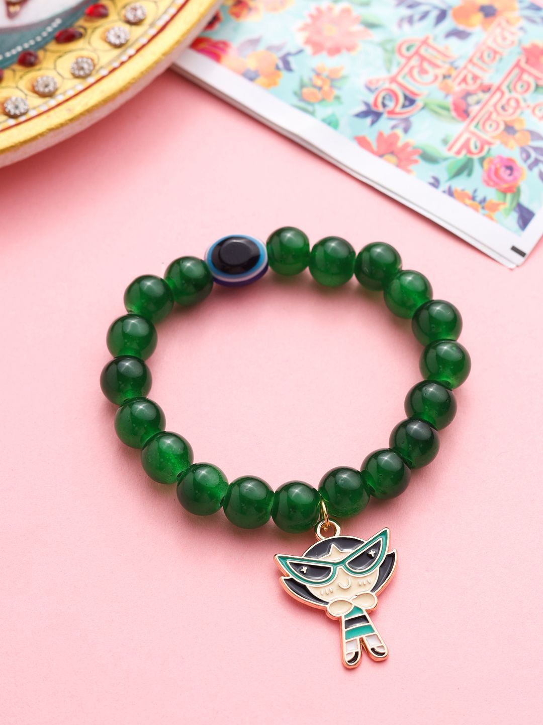 NVR Cartoon Design Green Artificial Beads Elasticated Rakhi with Roli Chawal-picture-18