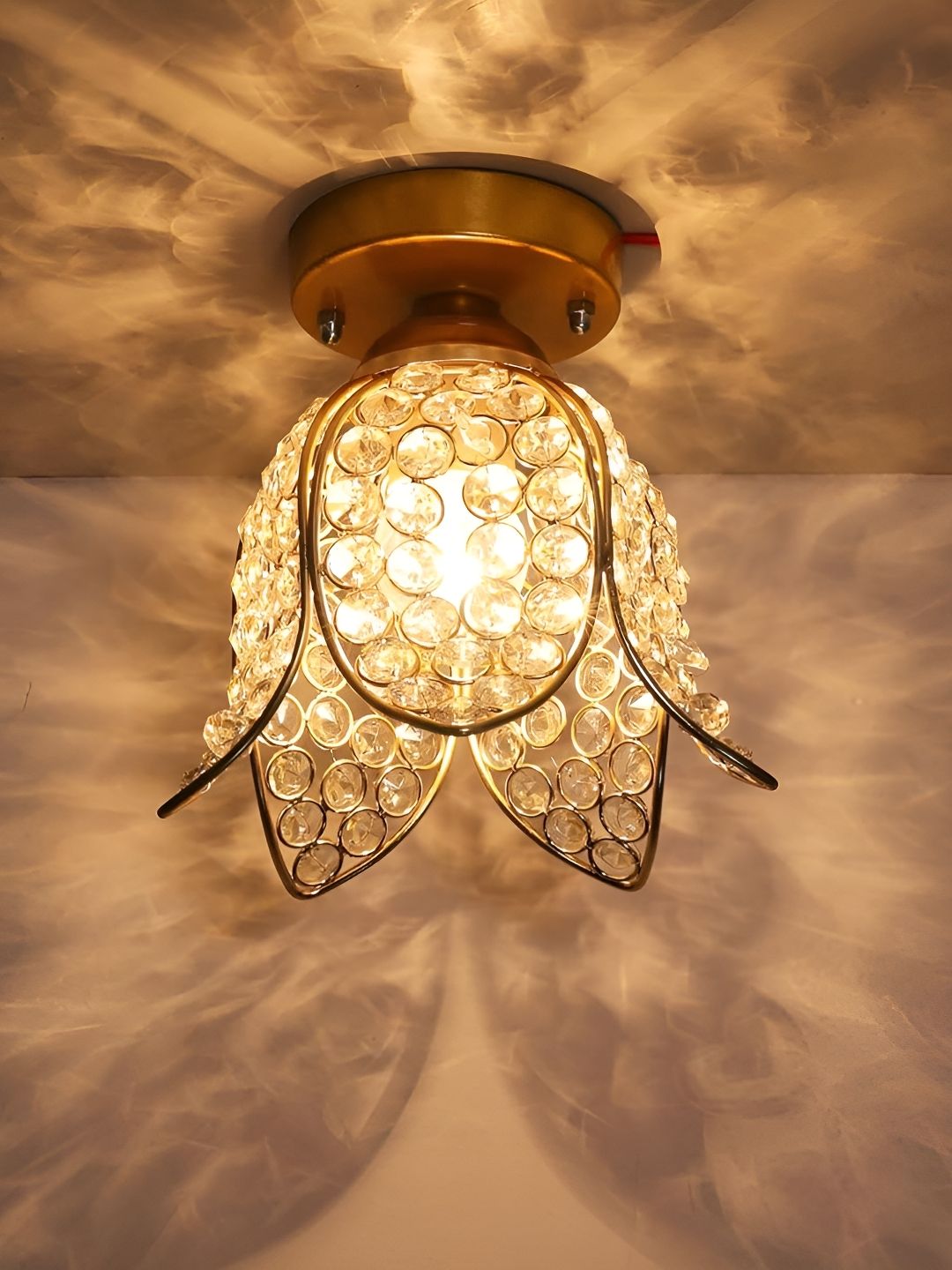 Decorcity Gold-Toned Lotus Crystal Flush Mount Crystal Chandelier Ceiling Lamp-image-3