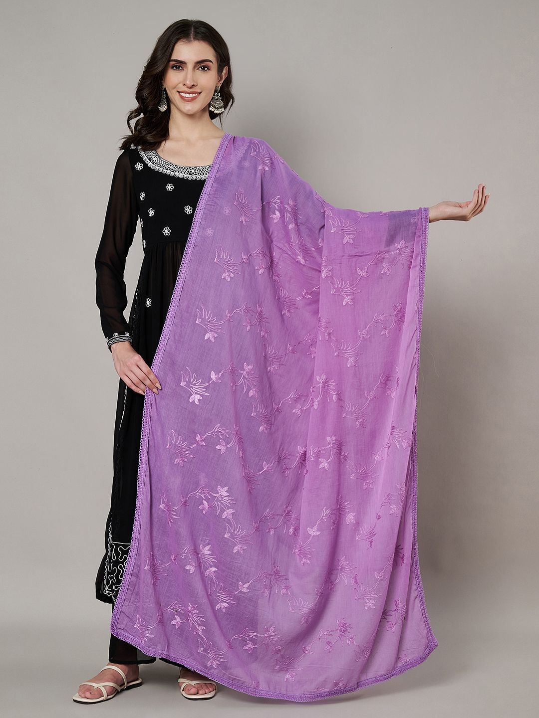 MUFFLY Floral Embroidered Thread Work Cotton Dupatta-picture-29
