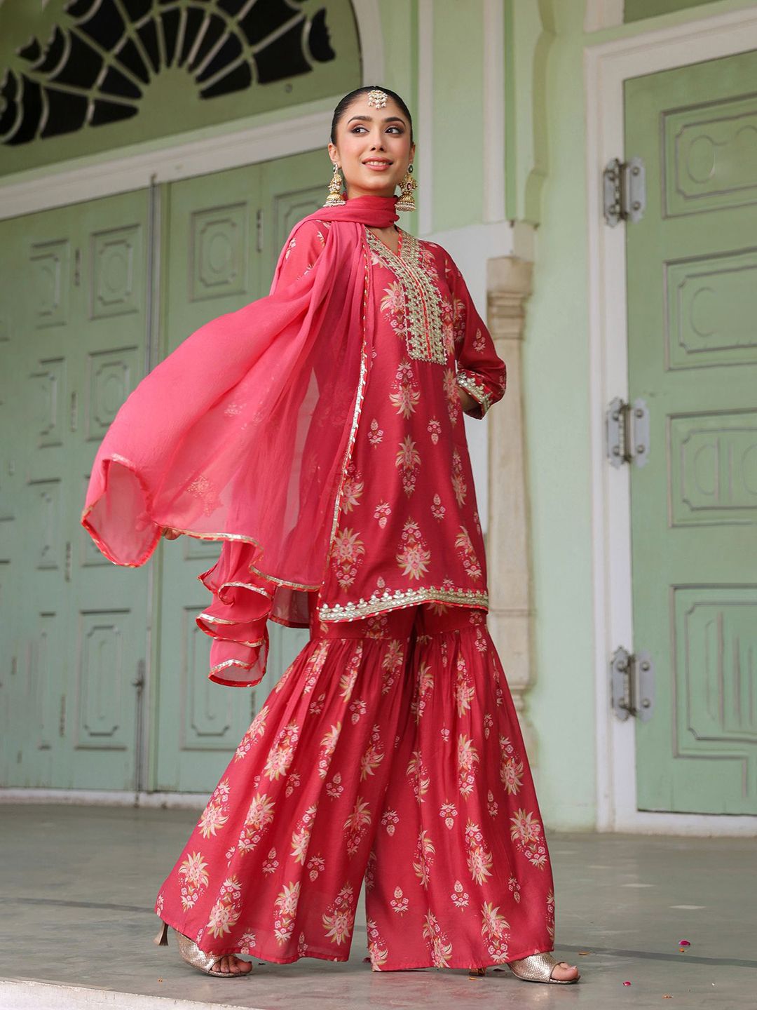 Authentic Bhandani Print Embellished Gotta Patti Top Paired with Sharara and Dupatta