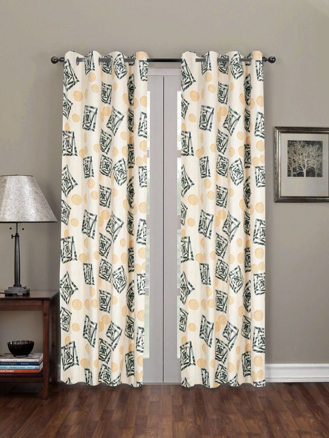 RRC Off White & Grey 2 Pieces Geometric Printed Microfiber Cotton Door Curtain - 7ft-picture-58