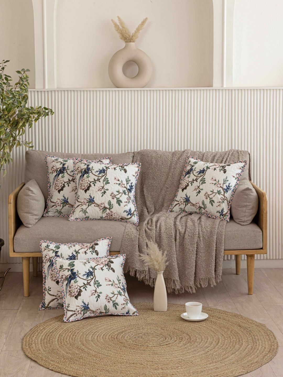 Clasiko White & Peach 5 Pieces Floral Printed Square Cotton Cushion Covers-image-49