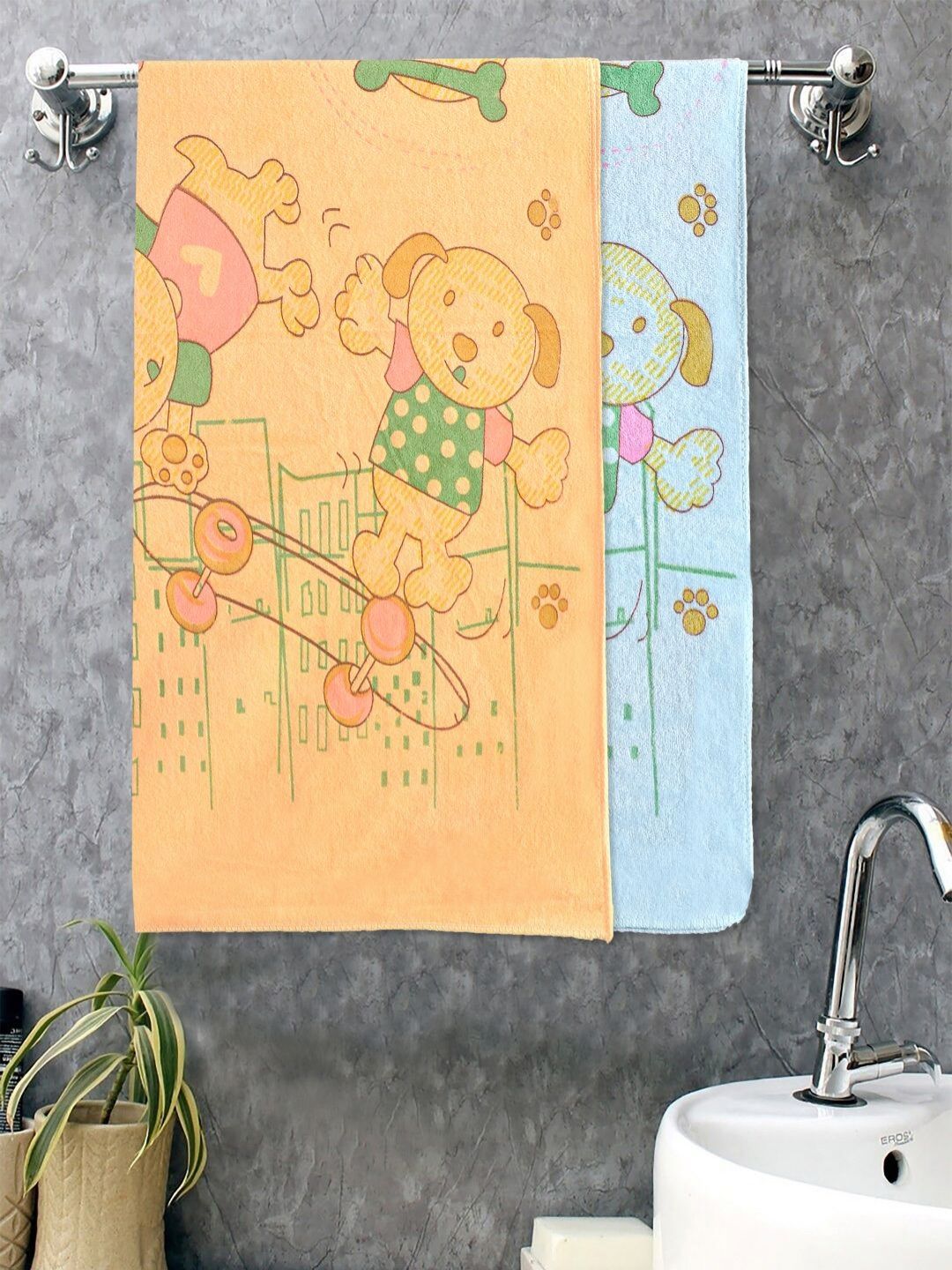 Myntra Elegant Homes Pink & Yellow 2 Pieces Printed Cotton 420 GSM Bath Towels-image-4