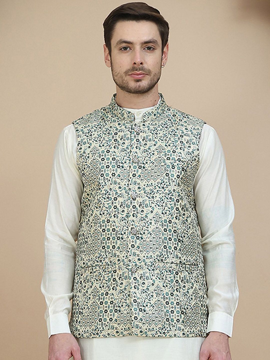 Jompers Woven Design Cotton Linen Nehru Jacket