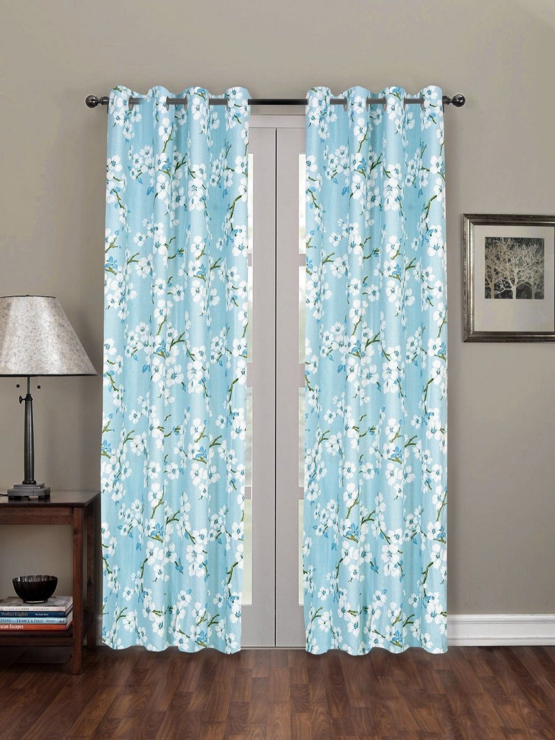 RRC Turquoise Blue & White 2 Pieces Floral Printed Microfiber Cotton Door Curtain - 7ft-picture-29