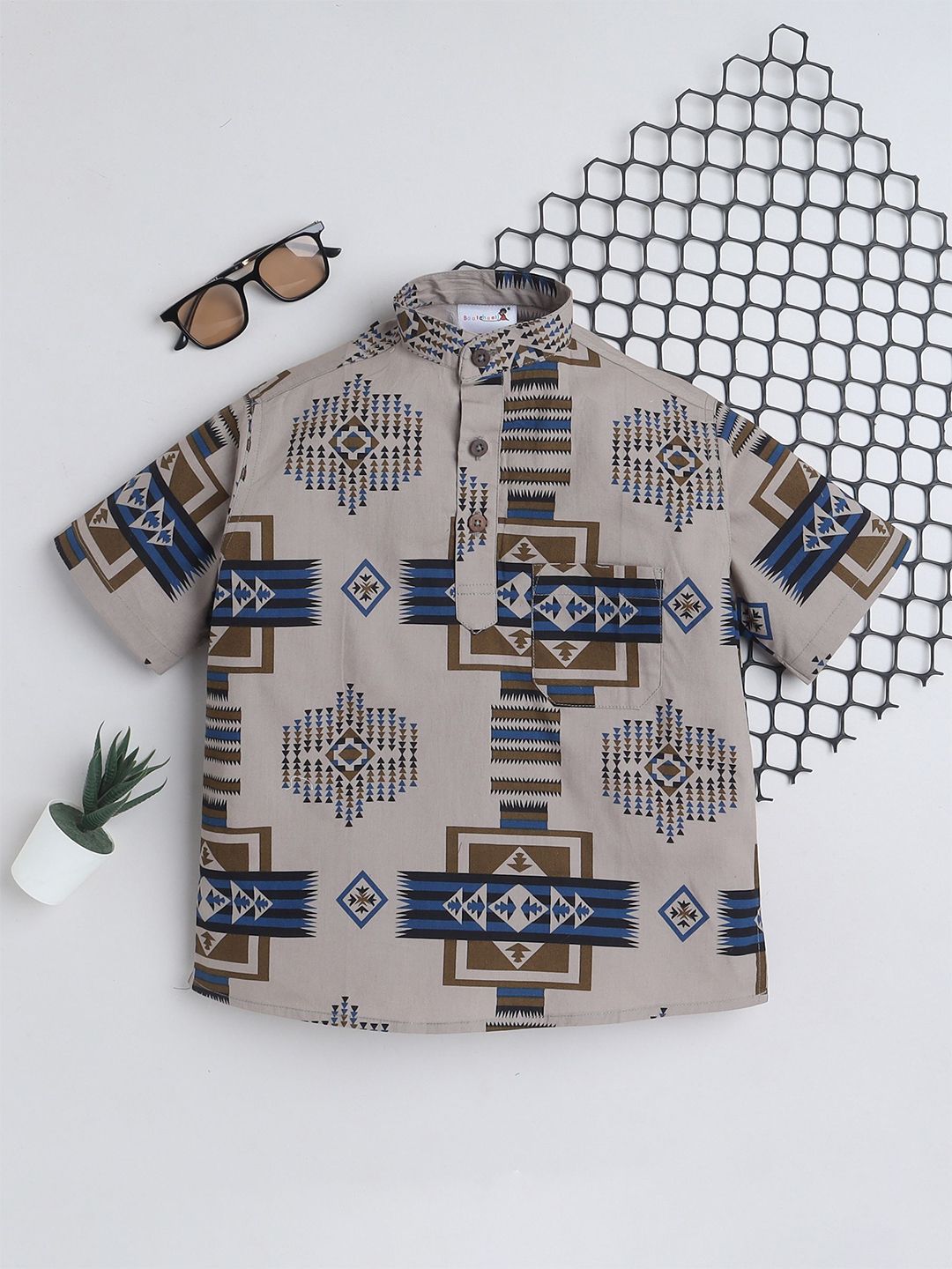 BAATCHEET Boys Abstract Printed Band Collar Pure Cotton Straight Kurta-picture-39